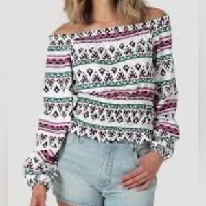 NWT WRANGLER RETRO Off The Shoulder White Geometric Long Sleeve Smocked Top XXL